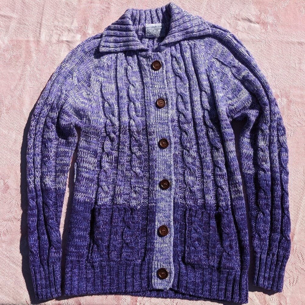 Vintage 70s Cable Knit Cardigan S Purple‎ Marled Bohemian Sweater Ombre Chunky